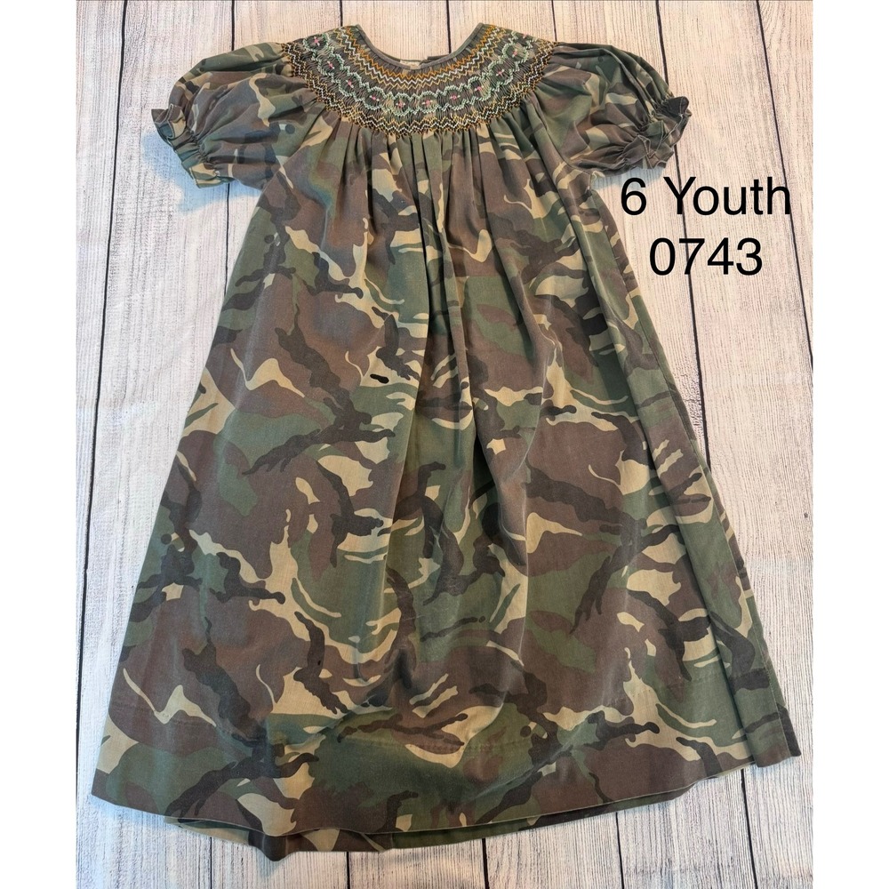 Rosalina Kids Camo Smocked Dress Youth Size 6 Camouflage Embroidered Green